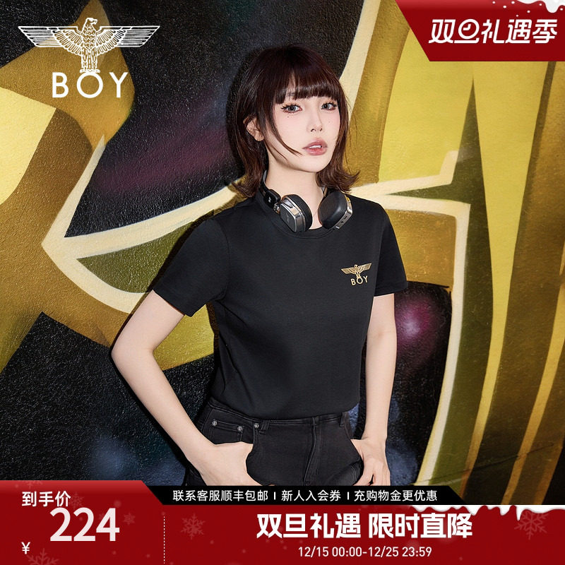 BOYLONDON春夏女款黑白纯棉修身短袖T恤简约纯色针织休闲风