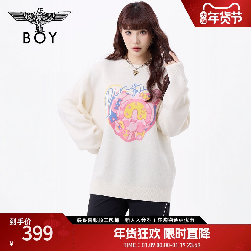 BOYLONDON童趣活力印花薄款圆领套头针织衫春季男女款毛衫N60008