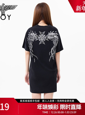 BOYLONDON春女款裙子银色翅膀立体印花朋克风连衣裙W17011