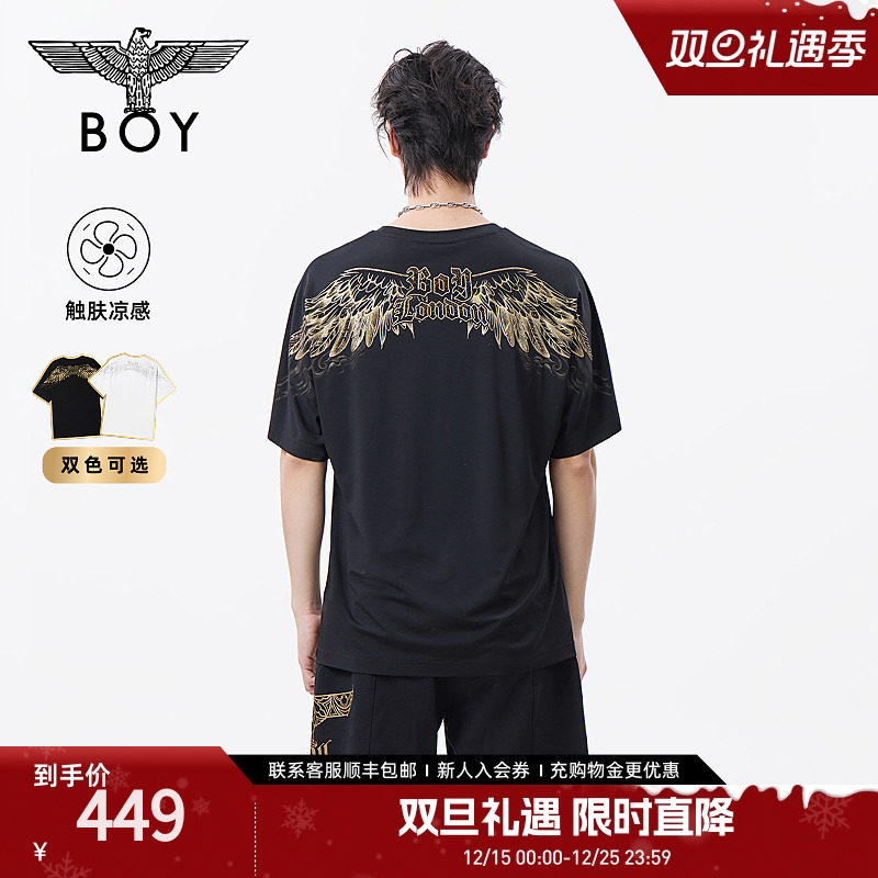 BOYLONDON25新款夏情侣黑色烫金大翅膀时尚潮牌凉感短袖T