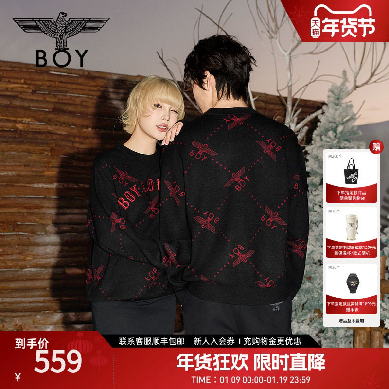 BOYLONDON春季提花潮牌毛衣黑色男女款圆领套头毛衫针织衫N60908