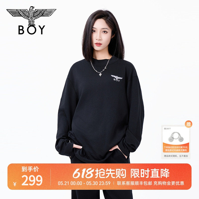 BOYLONDON潮牌街头风简约黑色百搭圆领长袖春季男女同款T恤