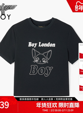 BOYLONDON简约线条卷毛小猫LOGO时尚潮牌短袖夏季女款T恤W01365