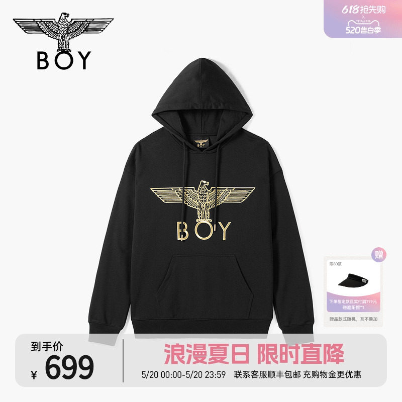 BOYLONDON时尚老鹰烫金翅膀绣花连帽套头春季男女同款卫衣N04041