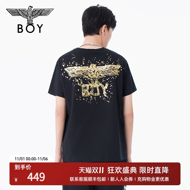 BOYLONDON夏情侣款短袖立体浮雕印花烫钻潮牌圆领T恤N01037