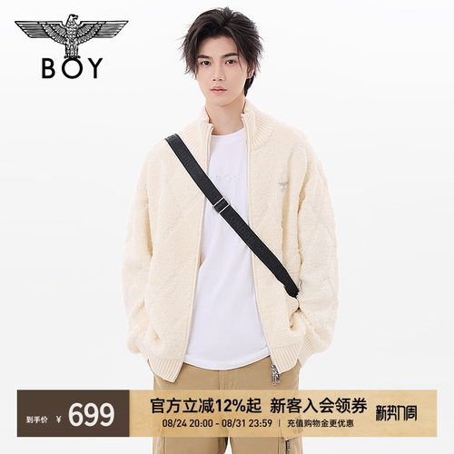 BOYLONDON秋季情侣款针织衫格纹提花慵懒潮牌立领开衫外套N64008