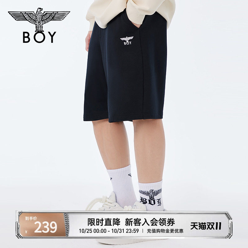BOYLONDON春夏情侣款休闲裤经典款时尚黑色抽绳短裤N14002