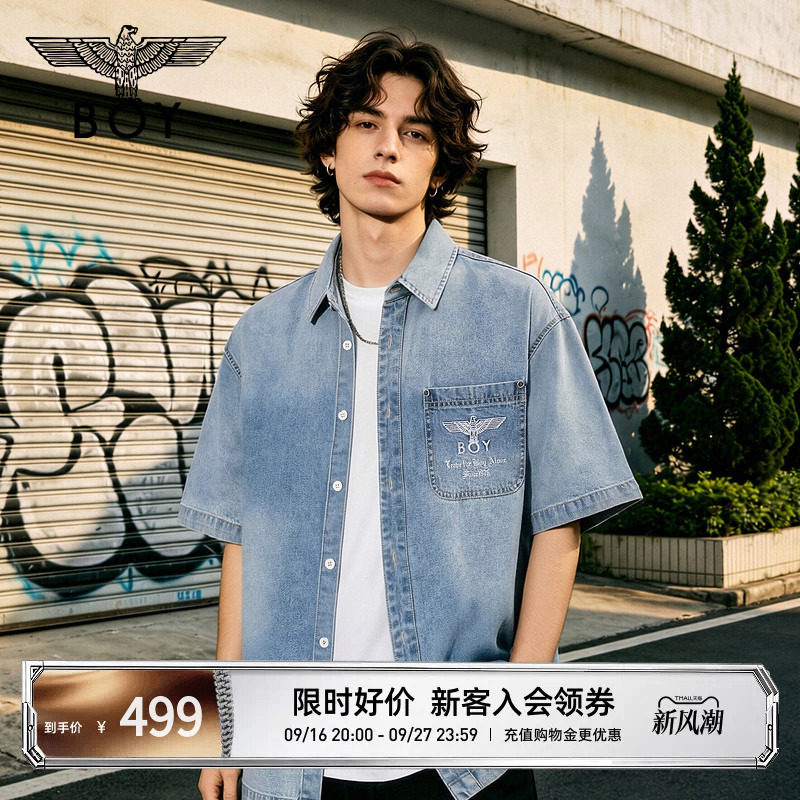 BOYLONDON夏日活力浅蓝色牛仔短袖衬衫男女宽松街头外套N49002图片