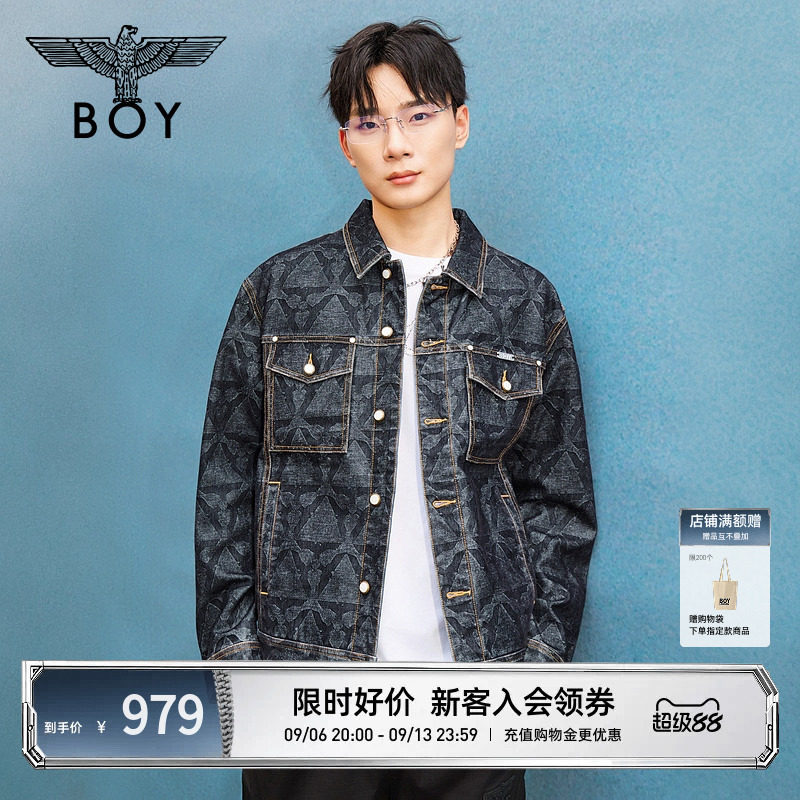 BOYLONDON秋季男女潮牌纯棉满印翻领水洗牛仔夹克外套N5001006图片