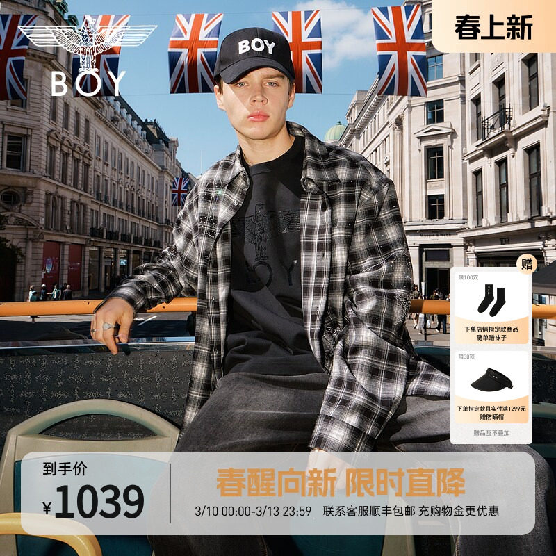 BOYLONDON复古黑白格子潮牌烫钻休闲春季男女同款长袖衬衫N21038