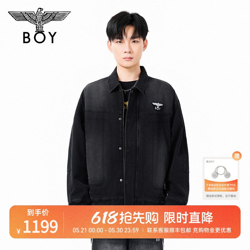 BOYLONDON男女同款帅气翻领水洗冬季黑色潮流百搭牛仔棉服N