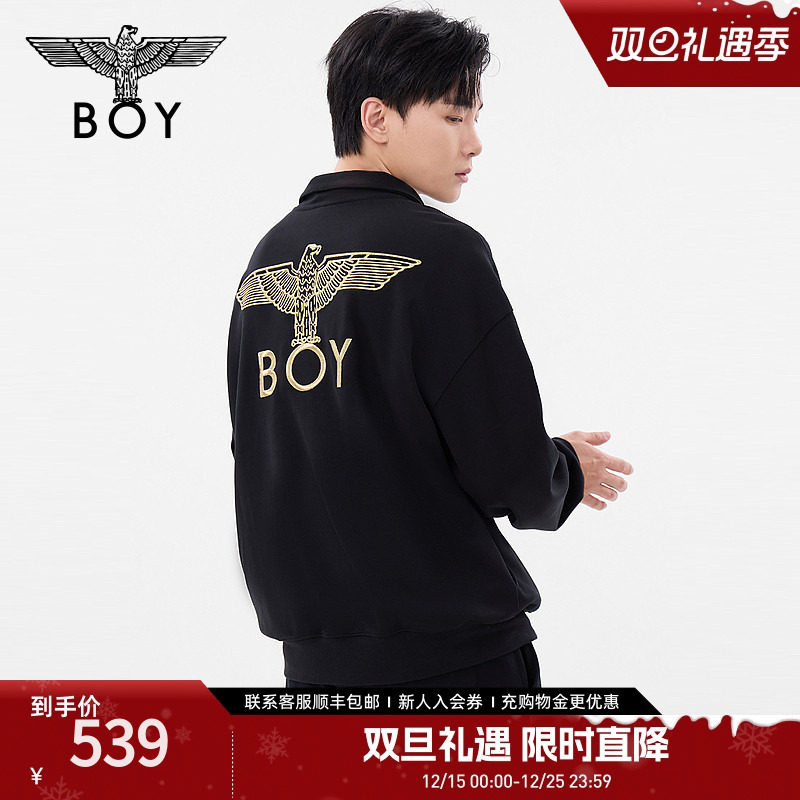 BOYLONDON春季情侣款长袖简约潮牌刺绣时尚半拉链立领卫衣N