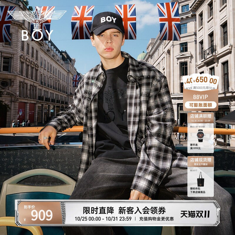 BOYLONDON复古黑白格子潮牌烫钻休闲秋季男女同款长袖衬衫N21038
