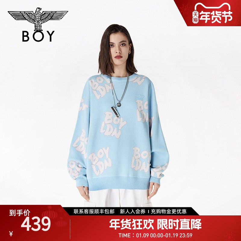 BOYLONDON春季情侣款字母提花甜酷宽松休闲套头长袖毛衣N60002