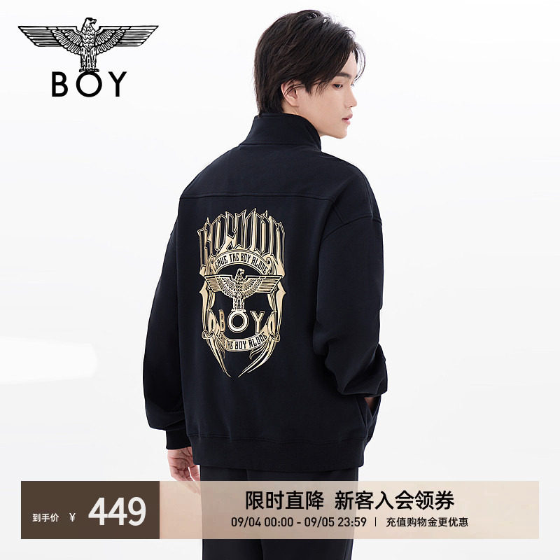 BOYLONDON秋季男女同款上衣烫金潮牌半拉链套头长袖卫衣N03902