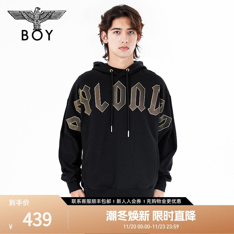 BOYLONDON秋季情侣款长袖复活节主题植绒烫金黑色连帽卫衣N04011