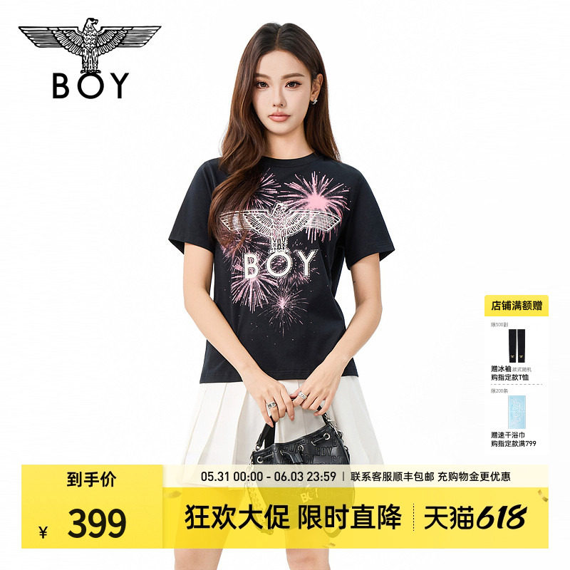BOYLONDON黑色绚烂烟花潮牌老鹰刺绣百搭26年夏季新款女T