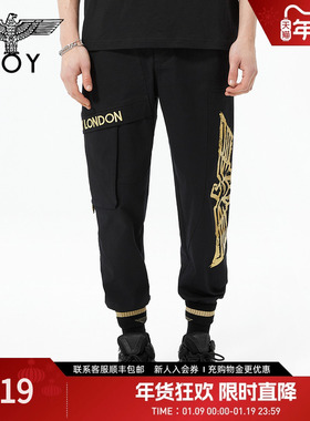 BOYLONDON潮牌休闲裤情侣款老鹰印花黑色卫裤痞帅炸街裤子N34006