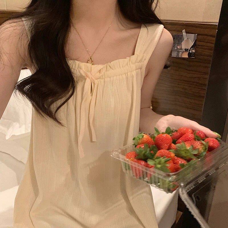 吊带睡裙女夏季款纯棉简约无袖背心纯欲风杏色家居服睡衣裙子夏天