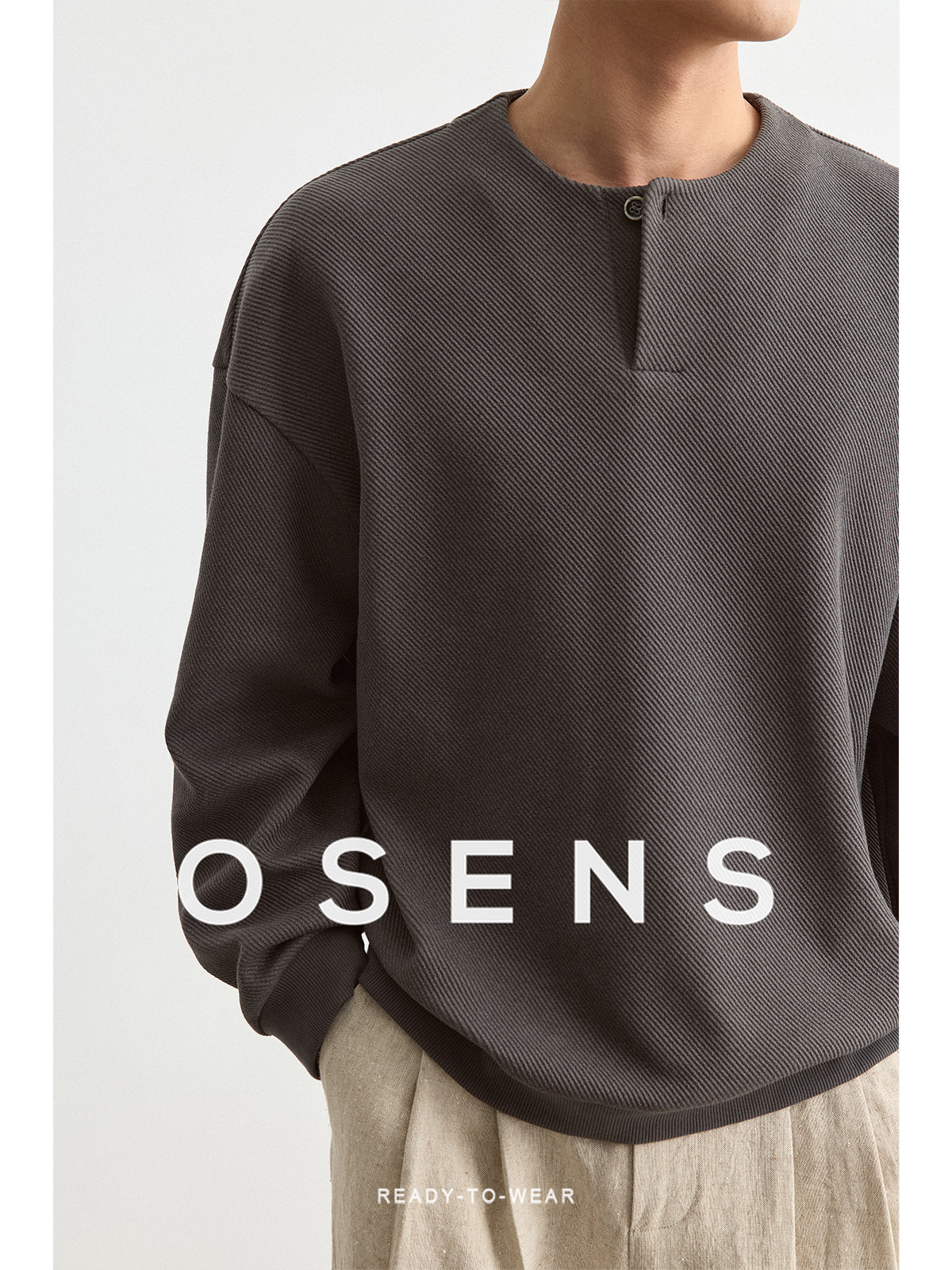 OSENS男装3D斜纹提花肌理男士上衣半开襟圆领T恤25新款亨利领卫衣