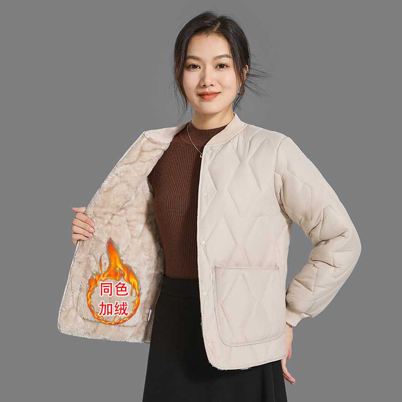 大码女冬季圆领加绒羽绒棉服外套