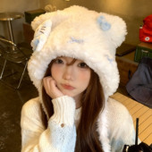 韩系kitty猫耳朵蝴蝶结毛绒帽女冬季 保暖包头帽甜美可爱护耳帽子