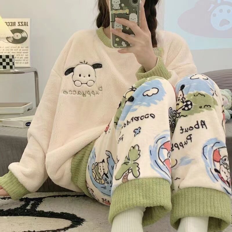 睡衣女冬珊瑚绒韩版学生可爱长袖秋冬季加厚法兰绒大码家居服套装