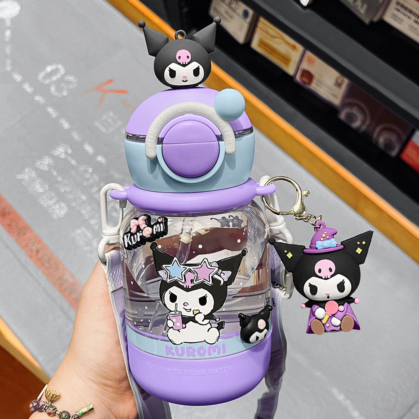 库洛米儿童水杯高颜值学生上学专用塑料杯男女生便携双饮吸管杯子