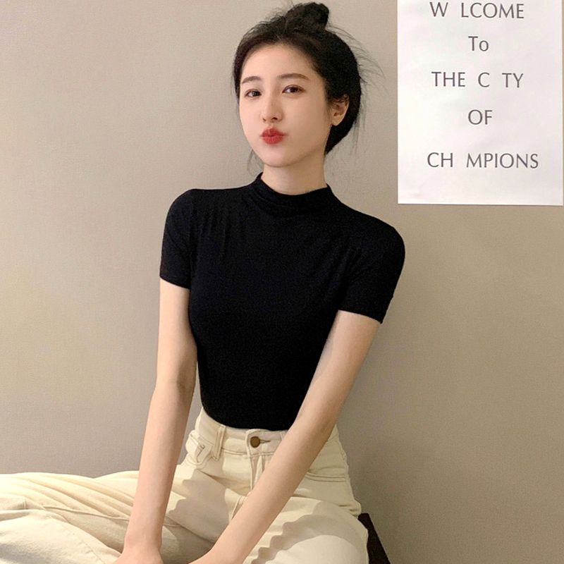 莫代尔黑色半高领短袖t恤女2024春夏冰丝中领半袖打底衫紧身上衣