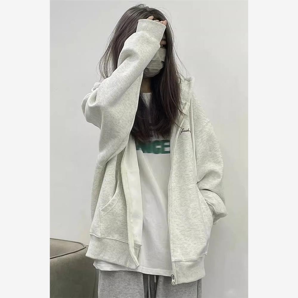 纯棉美式复古拉链开衫灰色卫衣女2025新款春秋季薄款加绒连帽外套