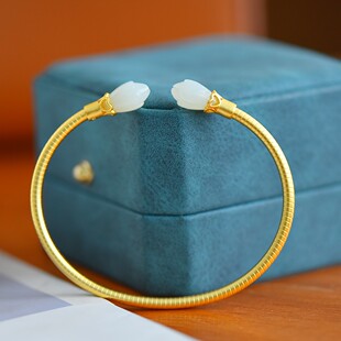 S925银镶和田玉玉兰花素银手镯女生时尚百搭吉祥手环平安简约礼物