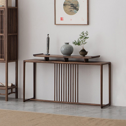 新中式实木玄关桌老榆木玄关台条桌禅意条案端景台茶室背景长条桌