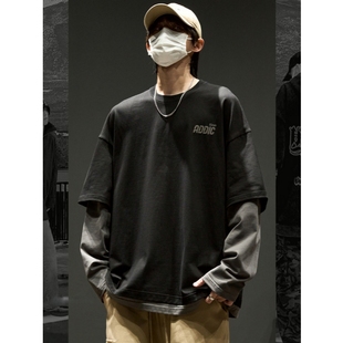 长袖t恤男春秋美式高街潮牌圆领打底衫重磅拼接宽松假两件卫衣ins