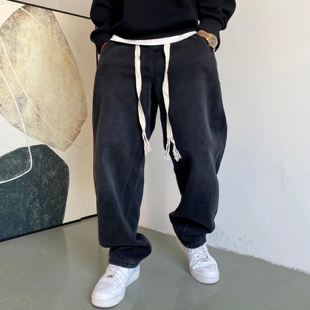 春秋季美式休闲复古黑色牛仔裤男直筒宽松松紧腰抽绳百搭阔腿裤子