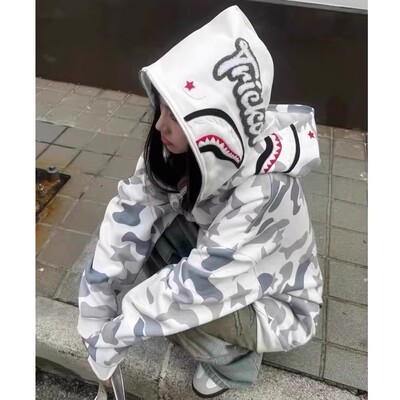 美式复古双帽迷彩连帽卫衣拉链开衫原创国潮春秋男女鲨鱼潮流外套