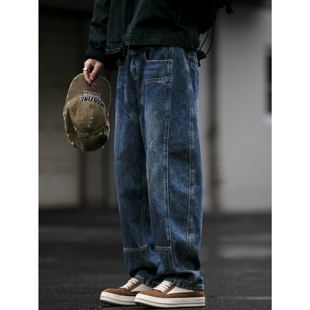 子 男潮牌宽松直筒微锥弯刀长裤 日系复古立体多折位伐木工装 牛仔裤