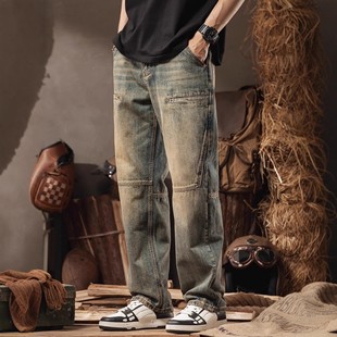 极度汉队斜插工装裤宽松直筒牛仔裤男美式复古潮牌时尚做旧水洗潮