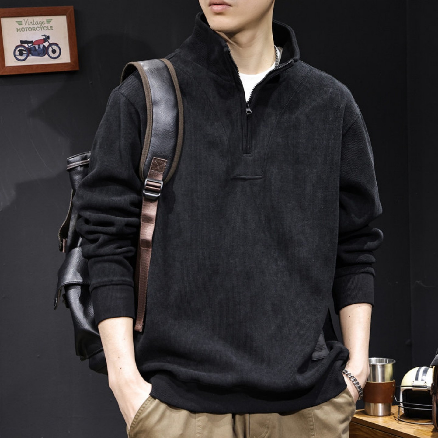 秋冬季新款半拉链立领男士加绒卫衣2025高端美式潮牌痞帅休闲外套