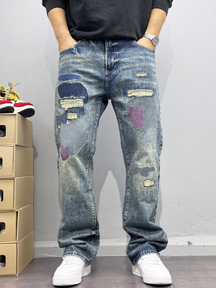 水洗破烂补丁刺绣直筒牛仔裤男