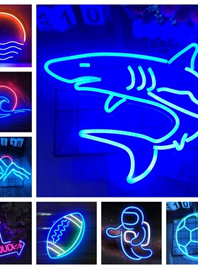 跨境亚马逊led霓虹灯鲨鱼图案日出海浪live nudes墙壁装饰发光灯