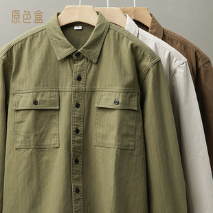 衬衫 长袖 男春秋季 军绿色衬衣外套男 日系重磅工装 新款 口袋纯棉寸衫