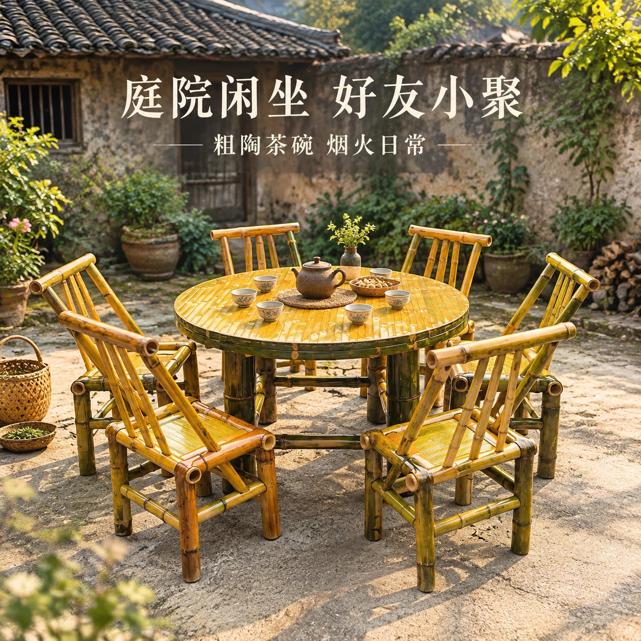 竹桌椅竹子桌椅组合户外庭院桌椅竹制桌椅茶台竹桌子商用餐桌椅