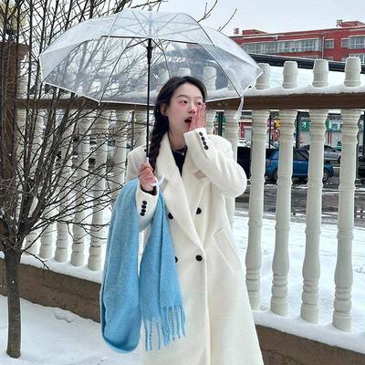 羊毛呢子大衣女中长款2024冬季高级感正肩白色加厚羽绒毛呢外套女