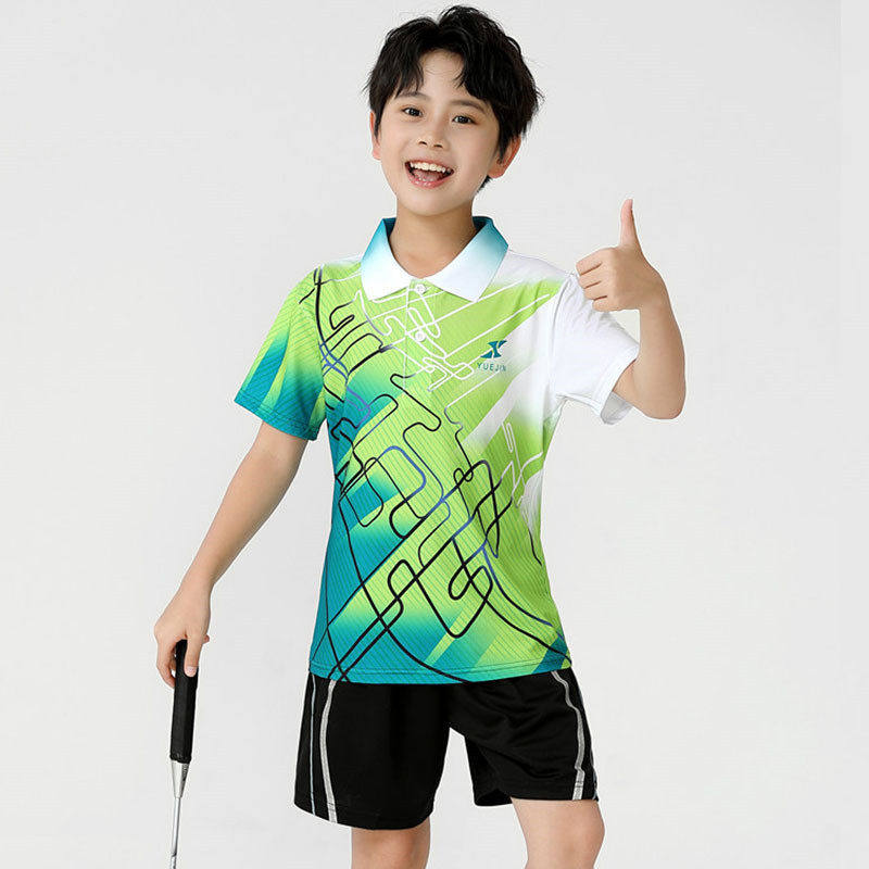 儿童短袖翻领羽毛球服套装速干印字比赛训练乒乓球衣裤男童女印字