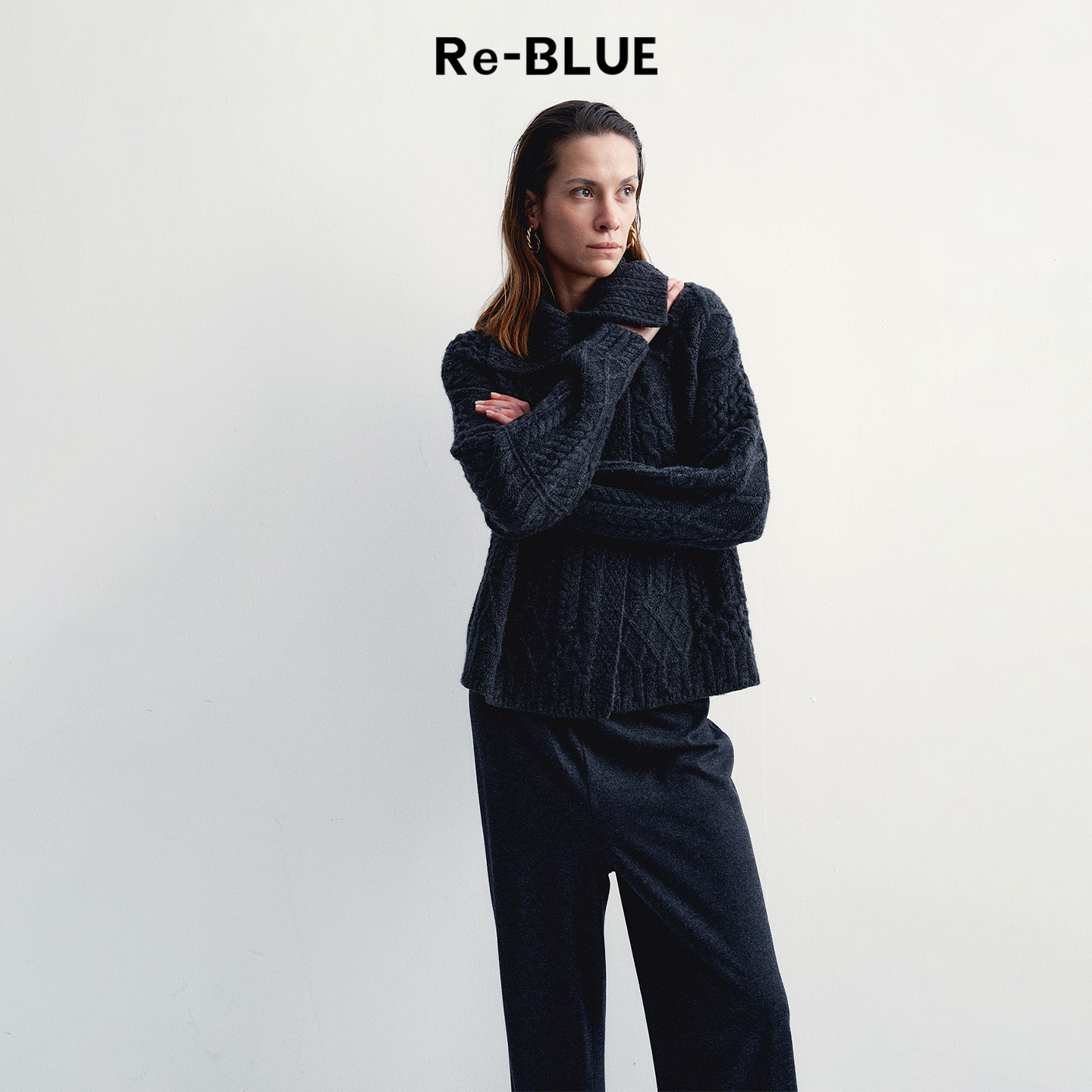 Re-BLUE大翻领绞花羊毛针织外套