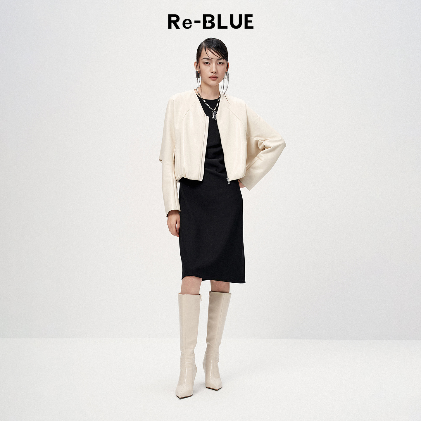 Re-BLUE优雅百搭V领柔软PU皮外套