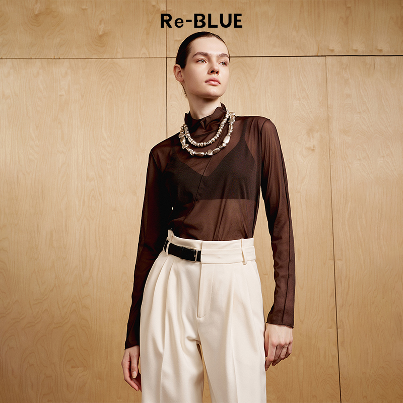 时髦堆堆高领透感网纱打底衫