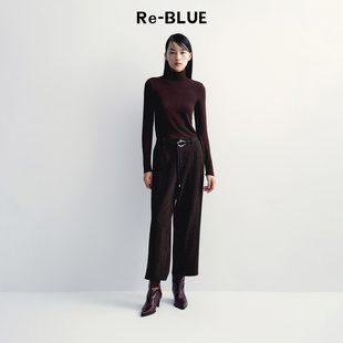 编织皮带休闲裤 通勤舒适感绵羊毛直筒裤 秋冬 BLUE轻奢优雅女装