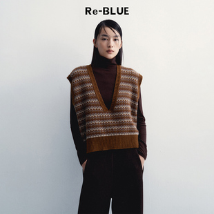 Re-BLUE轻奢优雅女装复古时髦V领费尔岛提花针织马甲