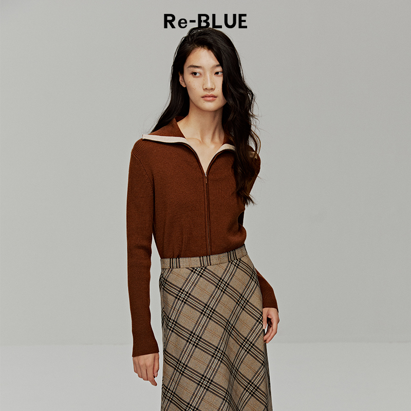 微宽松拉链撞色小H型针织开衫